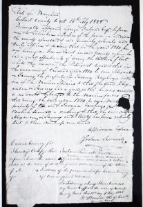 Image of an original document stating that Alexander Covington was seen by George Ireland on a British ship in the Patuxent River.