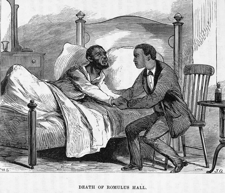 1872 book illustration "The Death of Romulus Hall". NYPL
